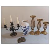 Plastic tub of assorted candle holders, vase 4" -