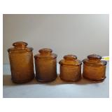 Tiara amber glass 4 canister set w/ lids 6"-9"