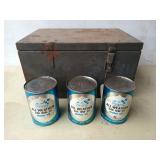 Metal box w/ 3 Sears oil cans, etc 10x17.5x12