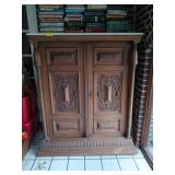 Oak 2 door cabinet w/ marble top 59x19x48.5