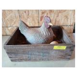 Ceramic hen on nest in wooden box 6x15x10