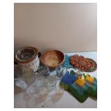 Tub of assorted glasses, pot holders, wooden