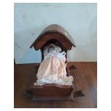 Wooden baby cradle w/ porcelain doll 20x23x13