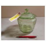 Green depression glass candy dish w/ lid 7x6