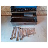 Metal toolbox w/ wrenches & sockets