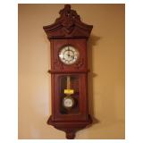 Carved wood pendulum wall clock with key, works,