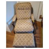 Wood reclining chair with upholstered cushions