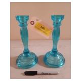 Blue glass candle sticks 8.5"