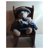 Teddy bear in wood rocker 25x13x15