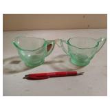 Green depression etched glass cream and sugar