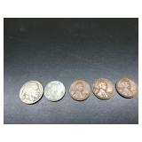 1943 iron, 3 wheat pennies, 1 buffalo nickel