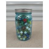 Blue Ball quart jar of asst marbles and shooters