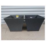2 plastic square wicker look planters 15"