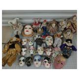 Plastic tote of asst jesters, porcelain masks,