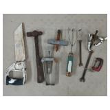 Saw, hammer, pullers, clamp, wrenches, etc
