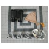 Crystal candle holders, paperweight, binoculars,