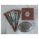 Vintage hand fan, metal soap dish, wood trinket