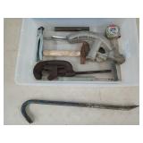 Plastic tub with lid & crowbar, Ridgid cutter,