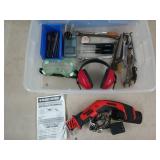 Plastic tun w/ lid & nut drivers, paddle bits,
