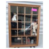 Wood display case 3 x 16 x 22 w/ a few trinkets