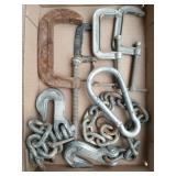 C clamps, chain pcs w/ 2 hooks, large caribiner