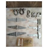 Asst hinges, hooks, clevises, etc in metal box