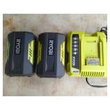 Ryobi 40 volt cordless charger and two batteries