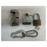 3 locks with keys, 2 carabiners