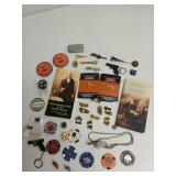 Asst pins, medallions, keychains, the