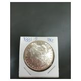 1881 S uncirculated Morgan silver dollar