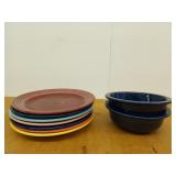 7 fiesta dinner plates, 2 bowls