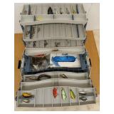 Flambeau plastic tackle box with assorted lures,