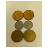 2 Buffalo nickels, 2 Sacagawea dollars, Mexican