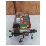 Assorted fishing supplies, includes three reels