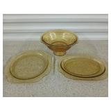 3 pcs yellow glass: pedestal bowl, serving dishes