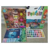 Art kit, coloring book, sketch pad, watercolors