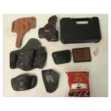 Asst holsters, gun patches, pistol case, wallet
