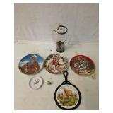 Fish water pitcher, asst decorative plates, etc