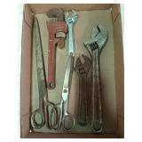 10" pipe wrench, crescent wrenches, scissors