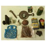 Porcelain door knobs, railroad spike, square h