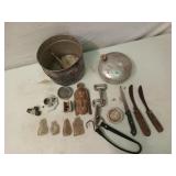 Old knives, small glass bottles, porcelain light