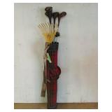 6 asst golf clubs in bag, cute little garden rake