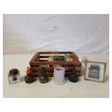 Asst ink wells in wood box 3.25 x 10 x 7.5