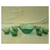 Aqua glass serving bowl 9" w/ 6 dessert bowls