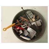 Kitchen utensils in galvanized drain pan