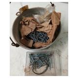 Aluminum pot 5x9 of asst nails, screws, small door
