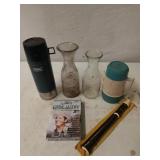 2 thermos beverage containers, glass jars, Gene