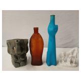 Elephant pitcher, fish, cat bottles, ceramic