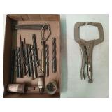 Brass scale, drill bits, holes falls, vice grip c