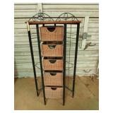 Corner shelf with five wicker basket drawers